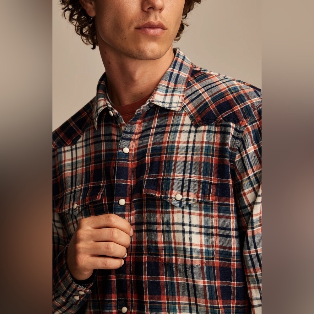 Lucky Brand Indigo Plaid Western Pearl Snap Long Sleeve Shirt Large Country